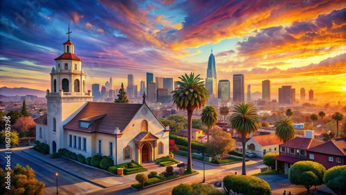 Here is a 20-word description for a stock photo of a watercolor painting of a little church in Los Angeles, California,<|start_header_id|>assistant<|end_header_id|> photo