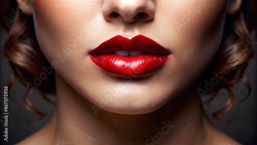 Sultry red lips close-up on a blank background with subtle shine and delicate curves, conveying confidence and seductive charm.
