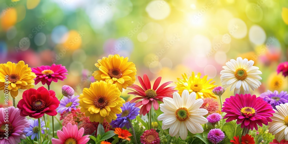 Fototapeta premium Product background with colorful flowers in full bloom, floral, spring, vibrant, nature, botanical, design, feminine