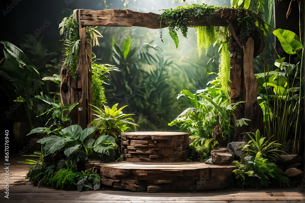 Background podium jungle product platform 3D green wood display pedestal. Background podium jungle tree nature leaf tropical cosmetic summer forest plant garden stage water presentation stone table. Background podium jungle product platform 3D green wood display pedestal. Background podium jungle tree nature leaf tropical cosmetic summer forest plant garden stage water presentation stone table.