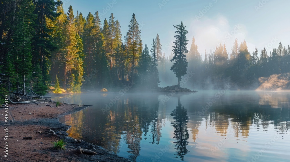 Fototapeta premium A serene campsite on the shore of a tranquil lake, with tall trees reflected in the calm water and mist rising in the morning light.