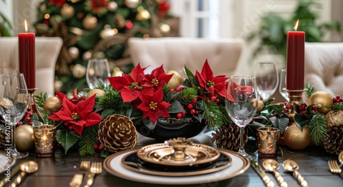 Festive Christmas Table Setting With Poinsettias and Pine Cones © olegganko