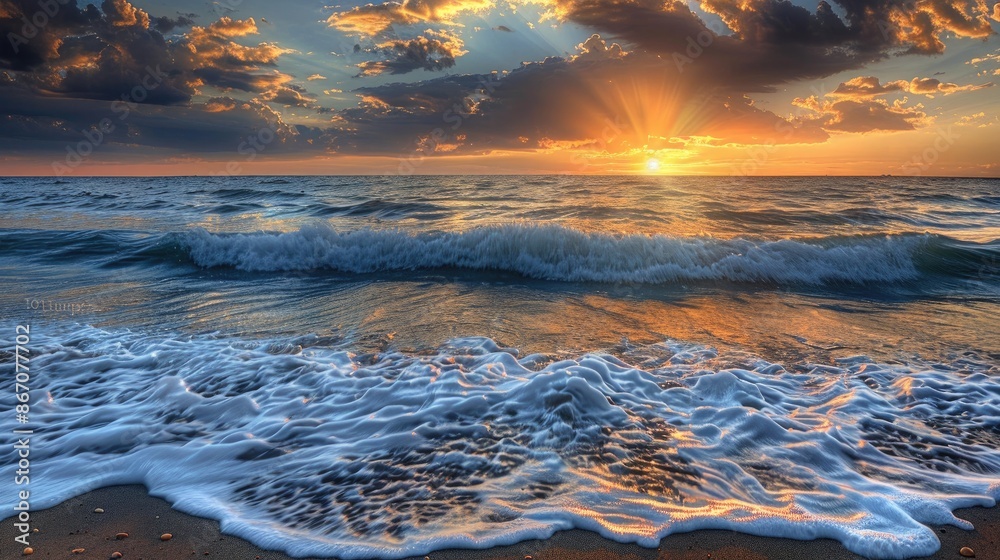 Obraz premium A serene coastal scene with gentle waves lapping at the shore, under a vibrant sunset sky.