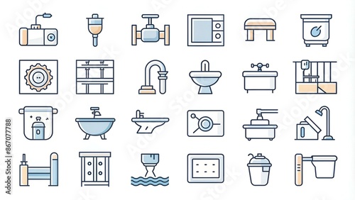 Plumbing and Sanitary Equipment Line Icons contains Toilet, Sink, Bathtub, Pipe, Water Meter and more. Editable Stroke. 48x48 Pixel Perfect.