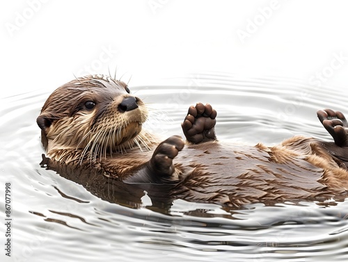 Playful Otter Floating Serenely on Water Holding a Stone Against White Background © Thares2020