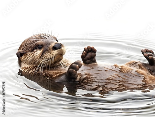 Playful Otter Floating Serenely on Water Holding a Stone Against White Background photo