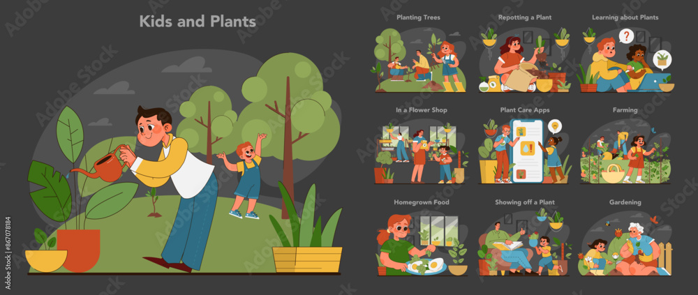 Fototapeta premium Kids and plants set. Flat vector illustration