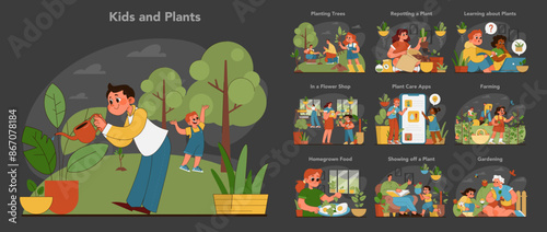 Kids and plants set. Flat vector illustration