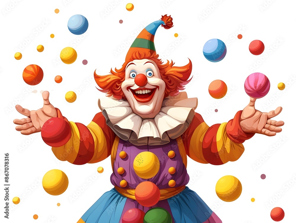 Cheerful Cartoon Clown Juggling Colorful Balls with Wide Smile on White Background Cheerful Cartoon Clown Juggling Colorful Balls with Wide Smile on White Background