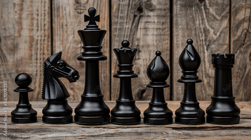 Set of black chess pieces on wooden background Set of black chess pieces on wooden background