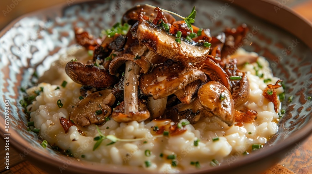 Freshly harvested wild mushrooms served on a bed of rich and creamy risotto creating a truly wild culinary experience. Freshly harvested wild mushrooms served on a bed of rich and creamy risotto creating a truly wild culinary experience.