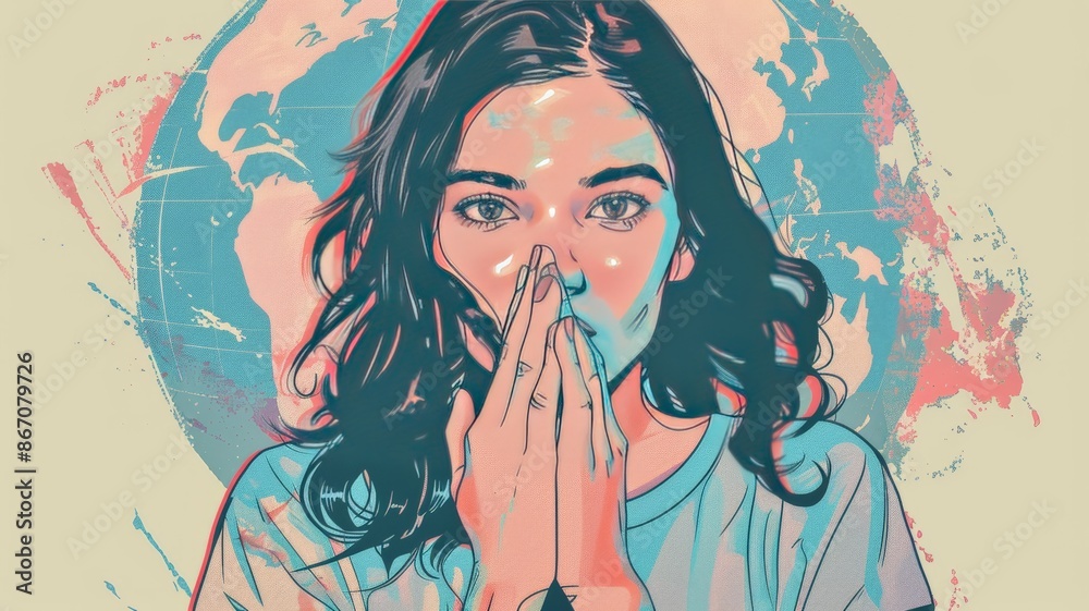 Illustration of a young woman making a hand sign over her mouth. world sign language day. Illustration of a young woman making a hand sign over her mouth. world sign language day.