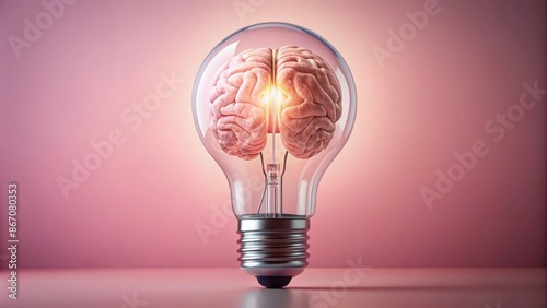 Illuminated brain within a light bulb on a pastel pink background, symbolizing creativity and innovative idea formation conceptually.