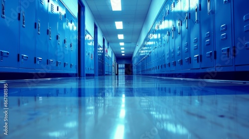 Bright School Hallway with Blue Lockers - Generative AI