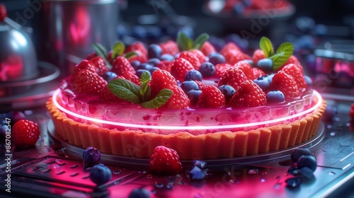 Vibrant Berry Tart with Neon Accents - Generative AI photo