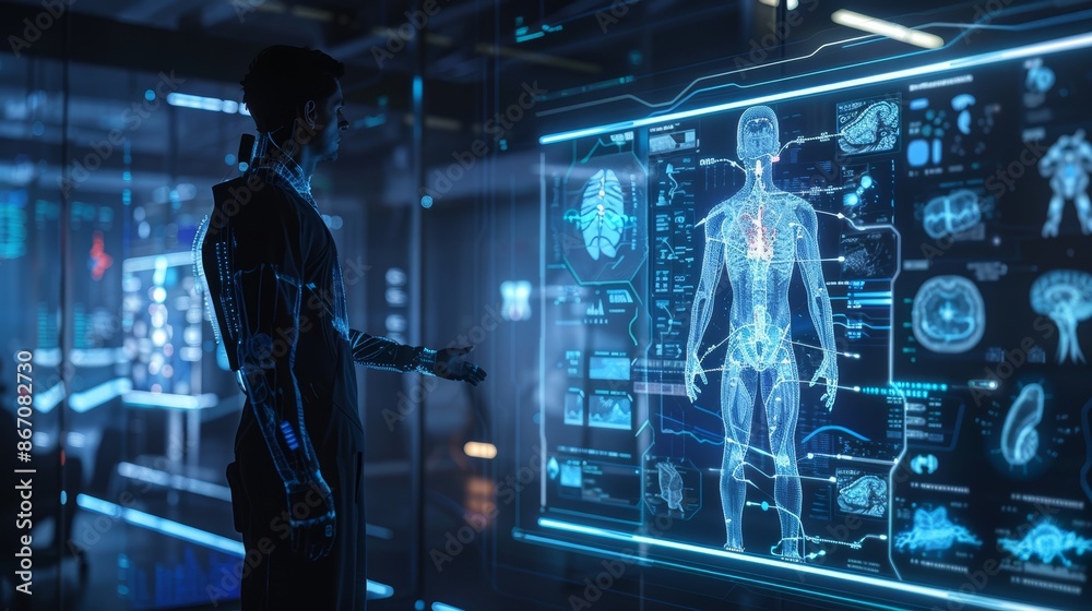 A futuristic scientist examines a holographic display showcasing anatomical details of the human body. A futuristic scientist examines a holographic display showcasing anatomical details of the human body.