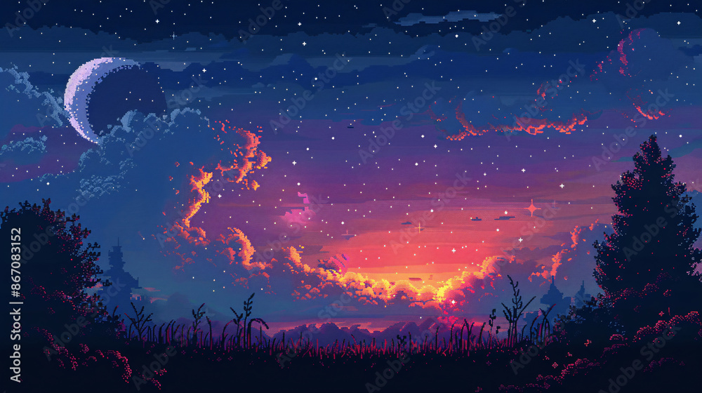 Pixelated Night Sky with a Crescent Moon and a Sunset Pixelated Night Sky with a Crescent Moon and a Sunset