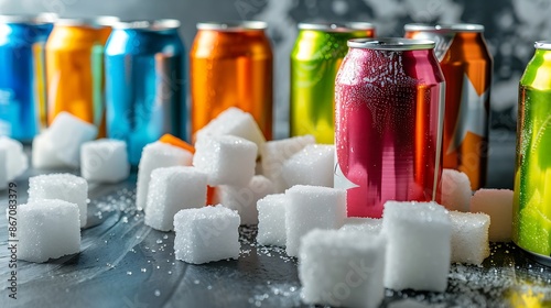 Unhealthy food concept sugar in carbonated drinks sugar cubes as background and canned drinks
