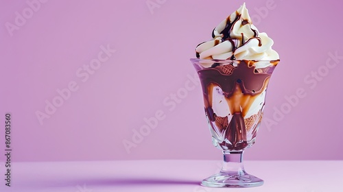 Vanilla and chocolate fudge ice fream sundae purple background photo