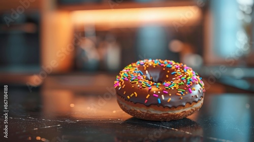 Close-up of a Chocolate Frosted Donut with Colorful Sprinkles - Generative AI photo