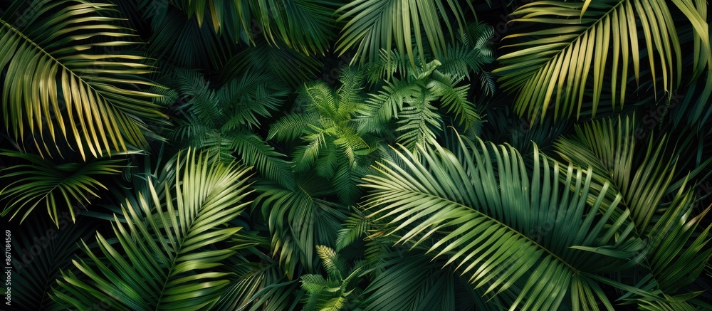 Flat lay view of tropical palm leaves from an aerial perspective Flat lay view of tropical palm leaves from an aerial perspective