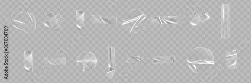 Transparent adhesive plastic tape pieces and cross for fixing isolated on transparent background. Crumpled adhesive plastic
