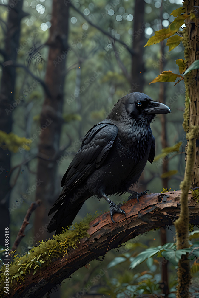 crow perched in the forest trees crow perched in the forest trees