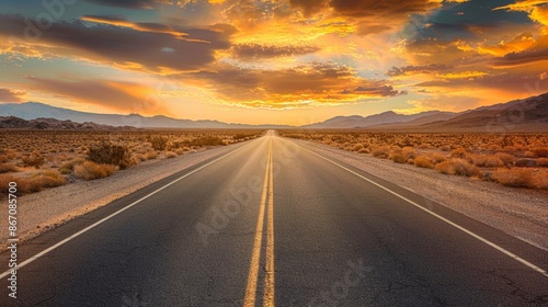 Endless Desert Road at Sunset - Generative AI