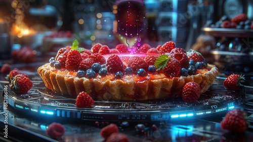 Delicious Berry Tart with a Futuristic Touch - Generative AI photo