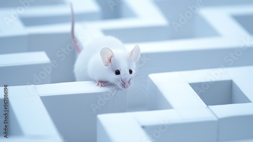 White mouse in white maze looking over walls