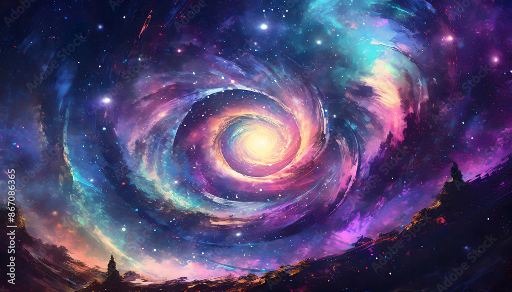 A digital glitch art masterpiece with Spiral Galaxy on digital art concept, Generative AI. A digital glitch art masterpiece with Spiral Galaxy on digital art concept, Generative AI.