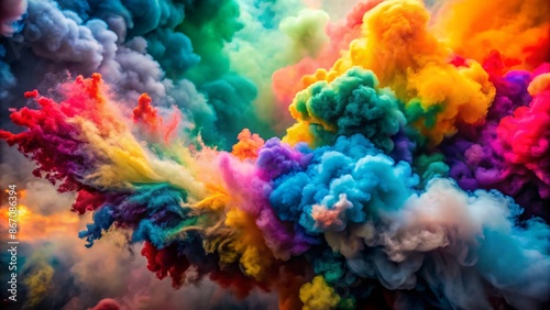 Vibrant-colored smoke bomb bursts in mid-air, radiating dynamic energy and excitement with swirling, wispy tendrils of colorful fog.