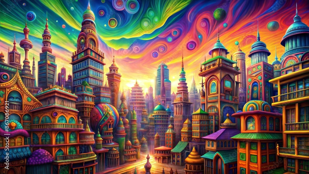 Obraz premium colorful neon painting of the psychedelic city of the night