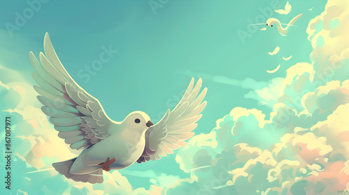 a white bird soars through a blue sky dotted with white clouds, while a white fish swims nearby