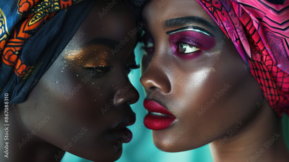 Fototapeta premium Closeup of Black Skin Beauty, fashion and authenticity, african women with makeup, plump skin
