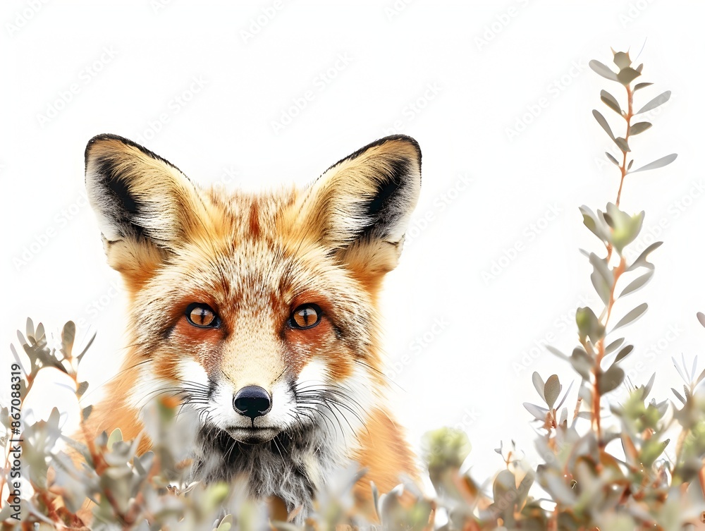 Fototapeta premium Curious Fox Peeking from Behind a Bush with Detailed Fur and Alert Eyes