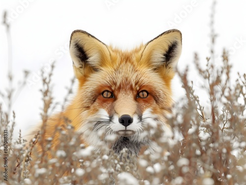 Curious Fox Peeking Behind Lush Bush on White Background