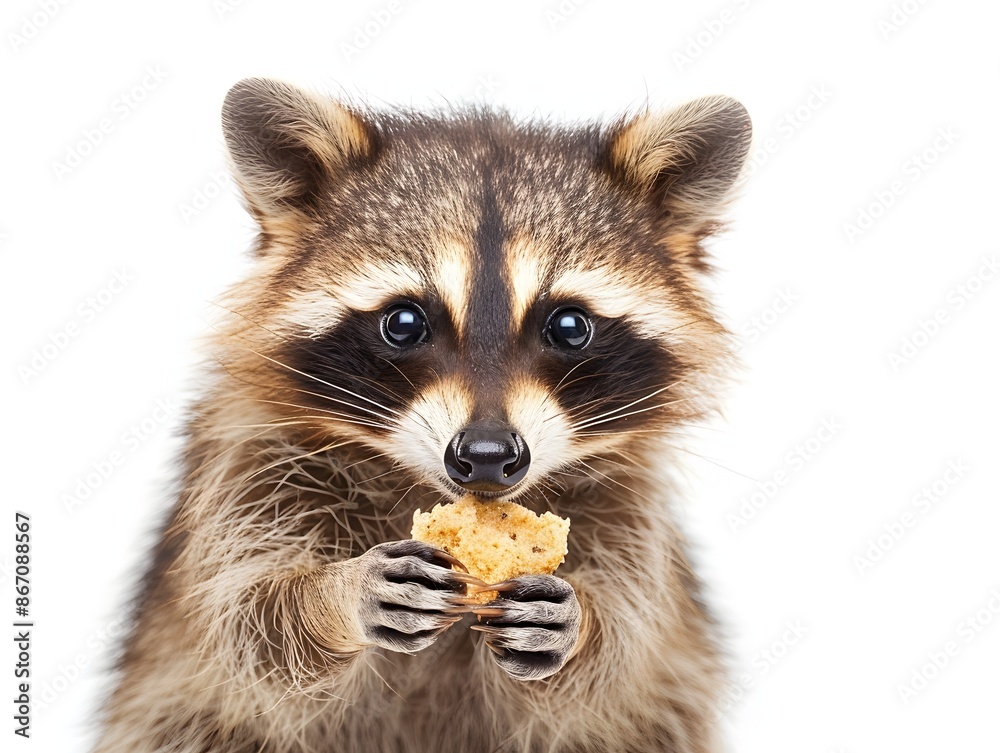 Obraz premium Mischievous Raccoon Holding Food with Curious Expression Against White Background