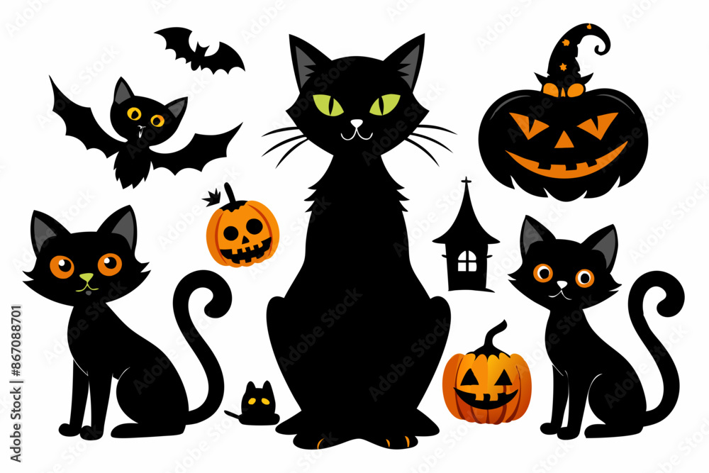 Set of halloween cat vector illustration, Halloween cat silhouette vector art Set of halloween cat vector illustration, Halloween cat silhouette vector art