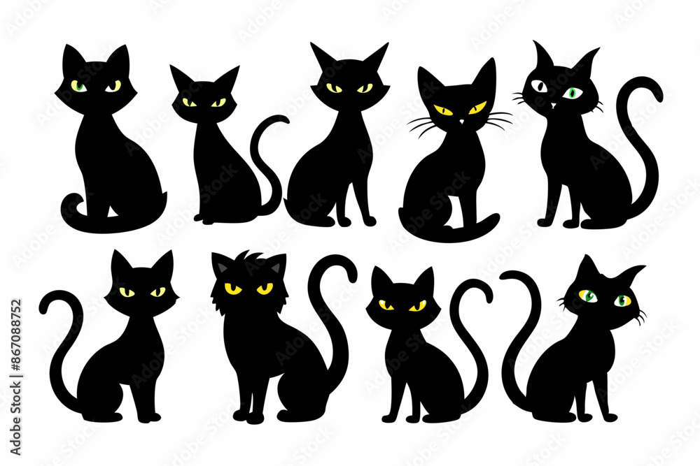 Set of halloween cat vector illustration, Halloween cat silhouette vector art Set of halloween cat vector illustration, Halloween cat silhouette vector art