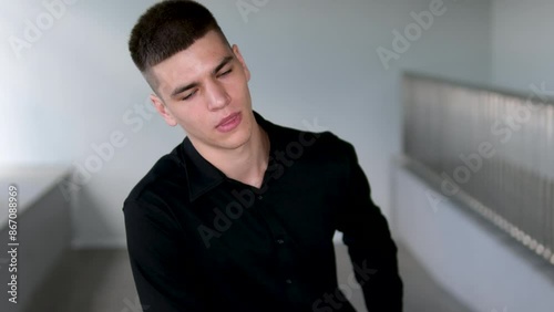 Face pensive Caucasian man serious bored frowning expression male bedroom thoughtful guy uncertain sad tired disappointed upset displeased think contemplation emotion frustration fatigue. boredom sigh