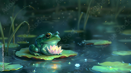 a frog perches on a lily pad surrounded by a variety of colorful flowers, including yellow, pink, and white blooms, with a green leaf in the background © cOmbEt