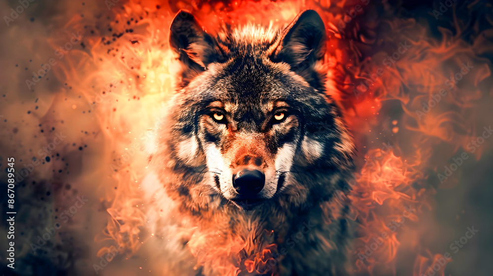 Powerful and Fierce Wolf Animal Predator in a Dramatic Fiery Forest Background with Intense Supernatural Atmosphere Powerful and Fierce Wolf Animal Predator in a Dramatic Fiery Forest Background with Intense Supernatural Atmosphere