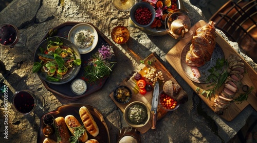 Rustic Outdoor Feast with Diverse Dishes - Generative AI © studio clever