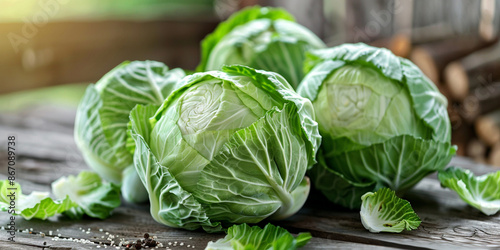 A pile of cabbages with the top left corner showing the green leaves