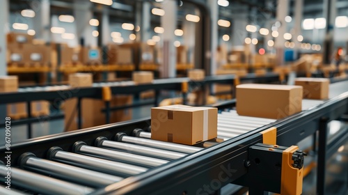 Cardboard Boxes on Conveyor Belt in Modern Warehouse