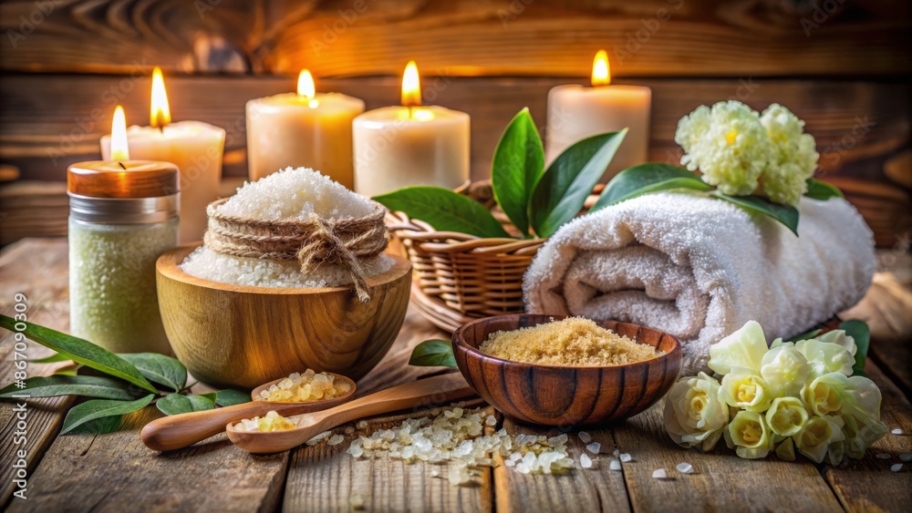 Soothing ambiance features serene spa setting with lavish salts, natural loofah, and aromatic candles for rejuvenating relaxation experience.