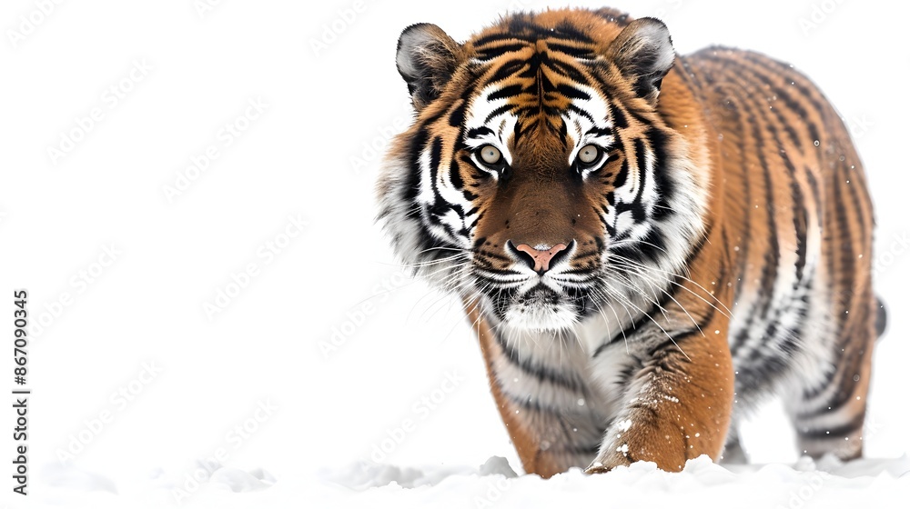 Powerful Tiger Prowling Through Jungle on White Background Powerful Tiger Prowling Through Jungle on White Background