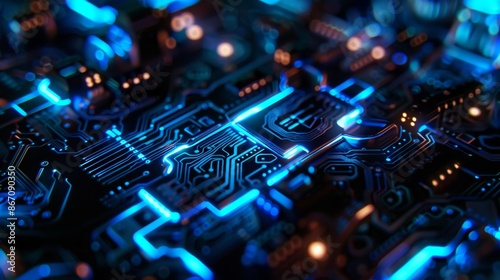 High-Tech Circuit Board with Glowing Blue Lines - Generative AI