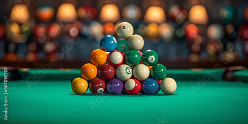 Billiard table with green surface and balls in a billiard club photo